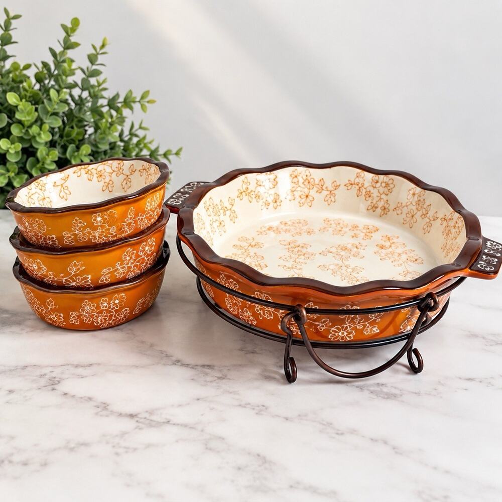 Temp-tations Orange Fall Serving Set Ceramic Bowls Metal Caddy Floral Lace